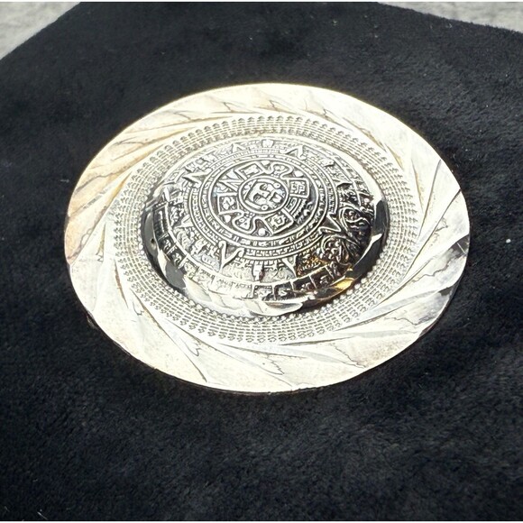Sterling Silver Round Aztec Mayan Calendar Pin Brooch Pendant Signed Mexico 925 - Picture 2 of 7